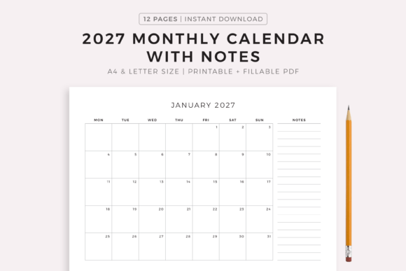 Download 2027 Monthly Calendar with Notes - Notes Collection