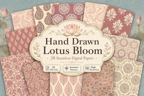 Download Hand Drawn Lotus Bloom Digital Paper - Paper Collection